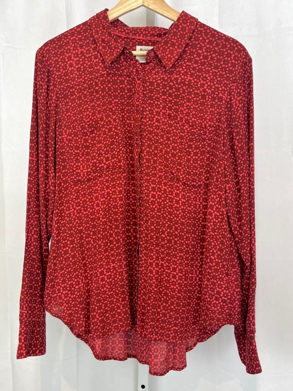 HOLDING HORSES Anthropologie Sammie Button Down Shirt Dot Print Rayon Red 6